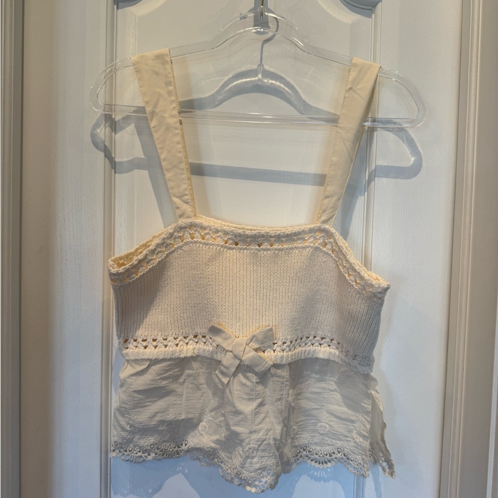 ZARA Cream Knit & Cotton Bow Trim Tank Top | Size L | NWT